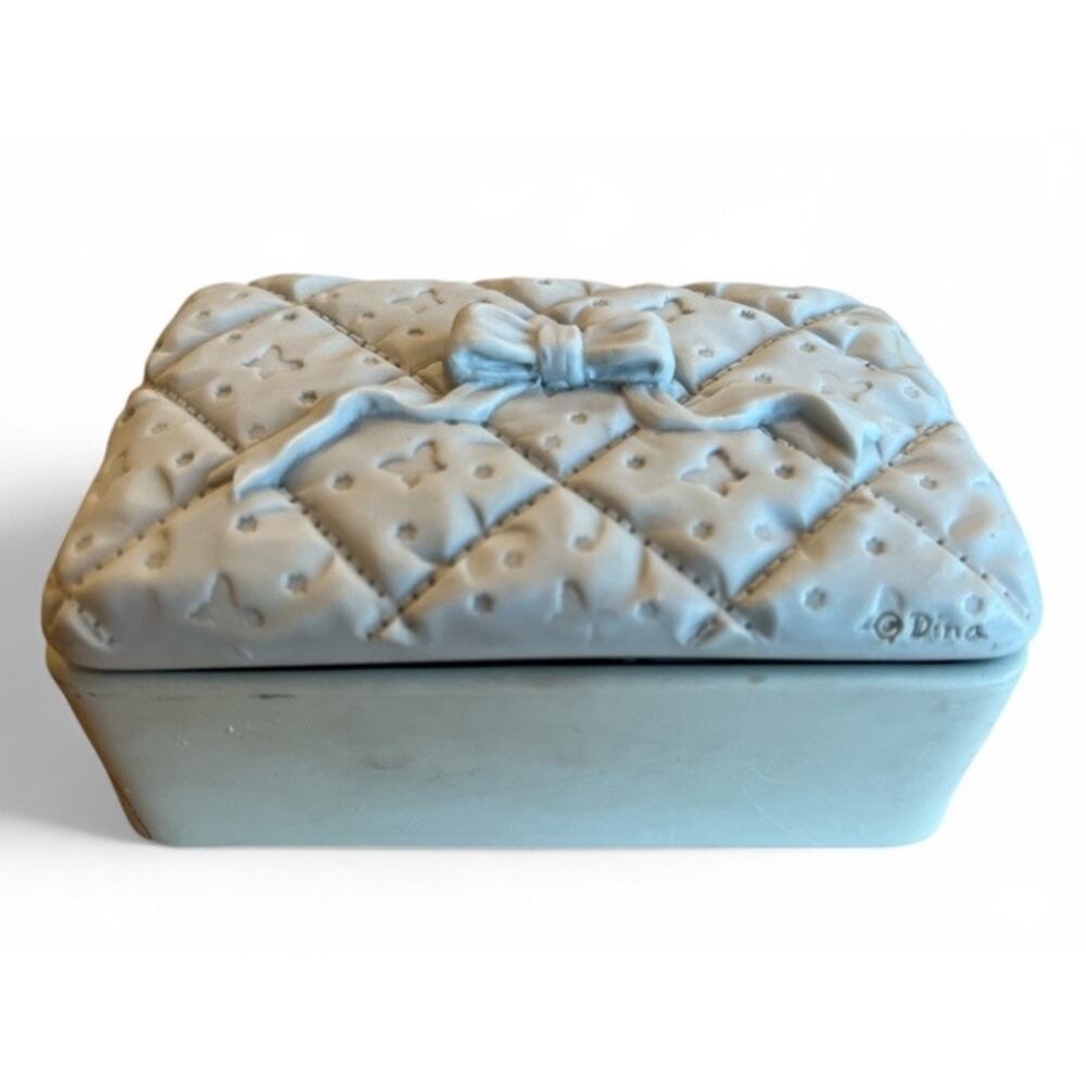 VTG DINA Ceramic Jewelry Trinket Box Butterflies Bows Quilted Lid Light Blue